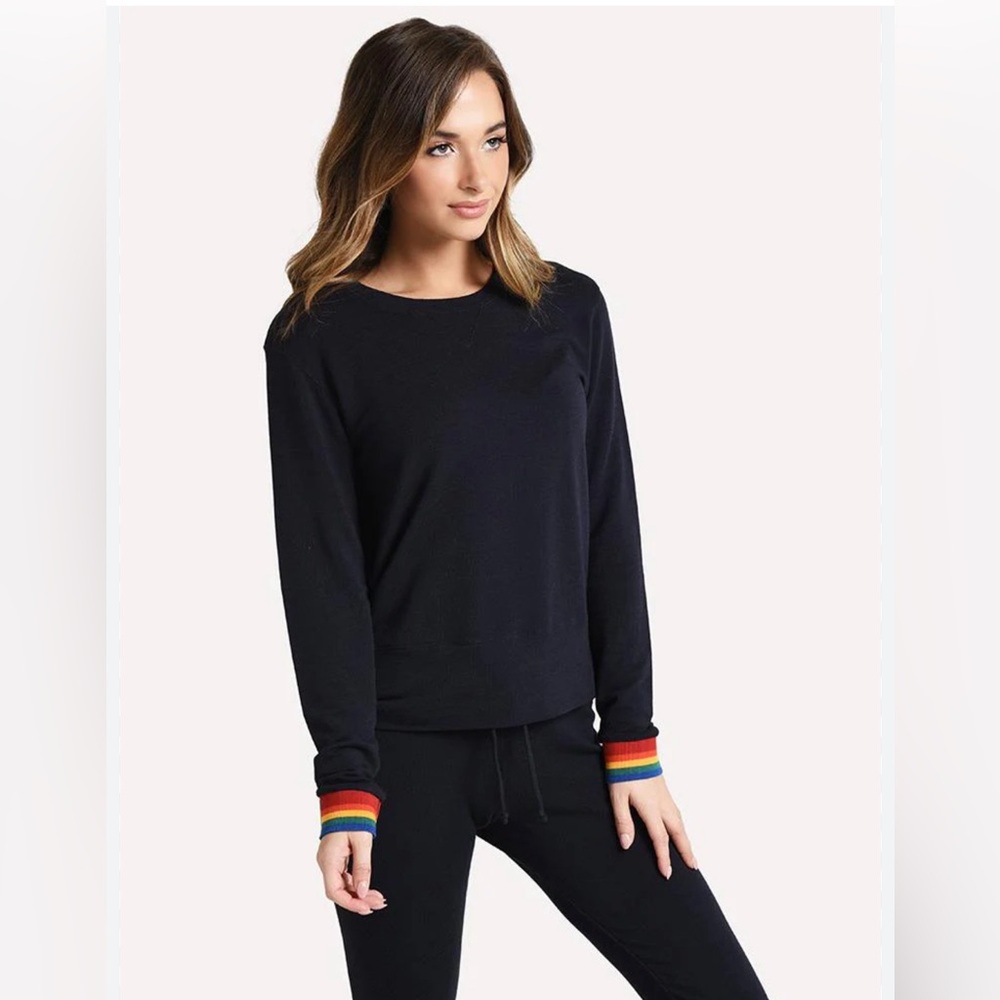 Monrow Navy Crewneck Sweater with Rainbow Cuffs Size Small‎